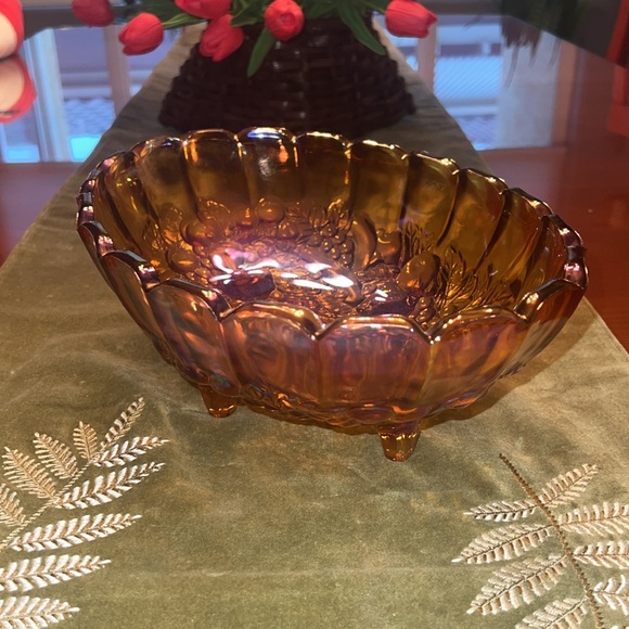 Vintage, MCM 1970s. Marigold carnival glass footed, large...